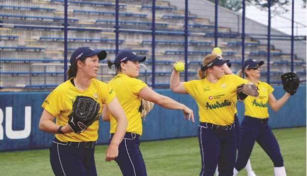 Members of Australiau2019s Olympic softball squad, the first national team to arrive in Japan for pre-Olympic training camp since the Tokyo 2020 Olympic Games were postponed to 2021 due to the coronavirus disease (Covid-19) outbreak, hold a practice session at a stadium in Ota, Gunma Prefecture, Japan.
