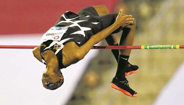 In this May 28, 2021, picture, Qataru2019s Mutaz Barshim competes during the menu2019s high jump event at the Diamond League meeting in Doha. PICTURE: Noushad Thekkayil