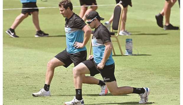 New Zealandu2019s Tom Latham (right) and BJ Watling attend a training session at Edgbaston Cricket Ground yesterday. (AFP)