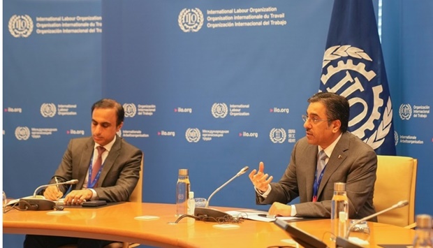 HE the Minister of Labour Dr Ali bin Saeed bin Smaikh al-Marri addressing a meeting organised by his ministry with representatives of the regional offices of the International Labour Organisation, on the sidelines of the 110th session of the International Labour Conference in Geneva, Friday.