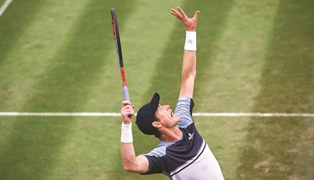 Great Britainu2019s Andy Murray serves against Stephanos Tsitsipas of Greece during their Stuttgart ATP quarter-finals yesterday.  Murray won 7-6 6-3 to reach the semi-finals. (atptour)