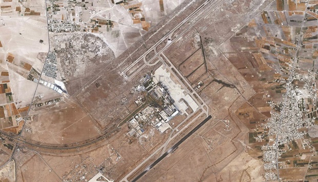 This handout satellite image released by Maxar Technologies shows damage to runways at Damascus International Airport on the southeastern outskirts of Syriau2019s capital.