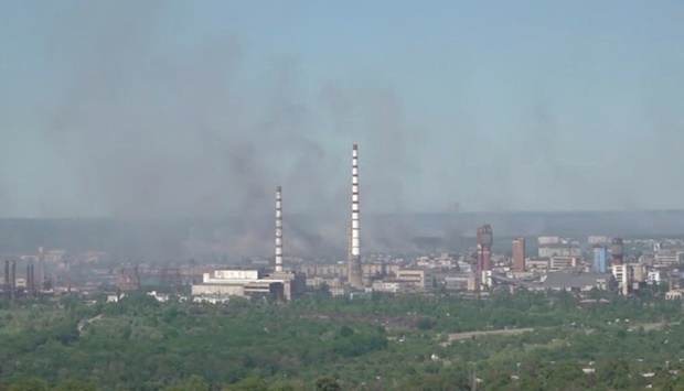 Black smoke billows over Sievierodonetsk Azot chemical plant as Russia's invasion on Ukraine continues, in Sievierodonetsk, Luhansk Region, Ukraine on June 9. Luhansk Region Police/Handout via REUTERS