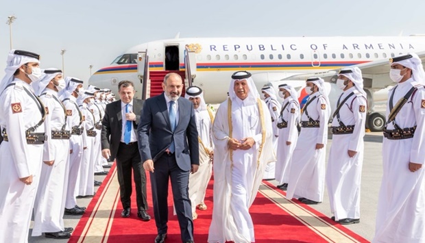 HE the Minister of State for Foreign Affairs Sultan bin Saad Al Muraikhi receives the Prime Minister of the Republic of Armenia Nikol Pashinyan at Doha International Airport