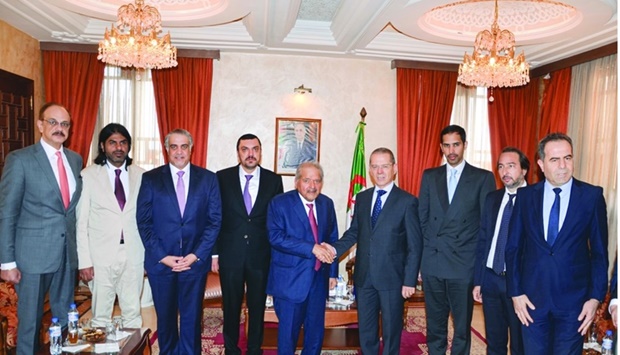 QBA Chairman HE Sheikh Faisal bin Qassim al-Thani shaking hands with Algerian Minister of Agriculture and Rural Development Mohamed Abdel Hafeez Hani during a meeting in Algeria.