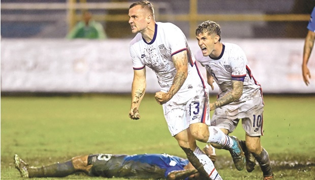 USAu2019s Jordan Morris (left) celebrates with Christian Pulisic after scoring against El Salvador during their CONCACAF Nations League match. (AFP)