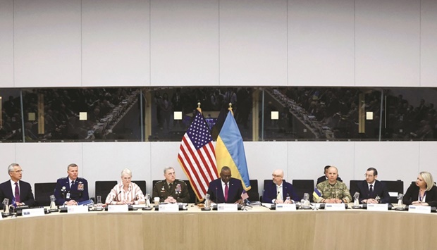 Nato Secretary-General Jens Stoltenberg (left), from 2nd left, US Assistant Secretary of Defence for International Security Affairs Celeste A Wallander, US Chairman of the Joint Chiefs of Staff, General Mark Milley, US Defence Secretary Lloyd Austin, Ukraineu2019s Defence Minister Oleksii Reznikov, Ukrainian Lieutenant General Levgen Moisuk and other officials attend the Ukraine Defence Contact group meeting ahead of a Nato defence ministersu2019 meeting at the allianceu2019s headquarters in Brussels yesterday. (AFP)