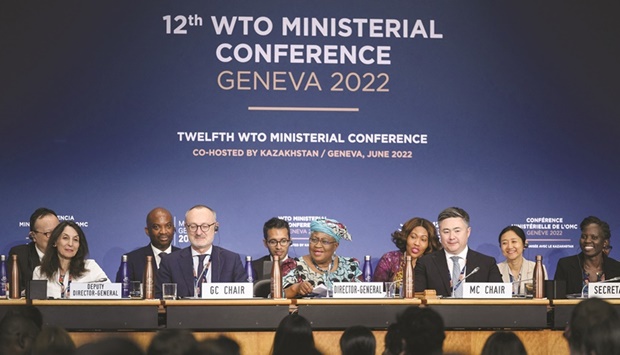 World Trade Organisation Director-General Ngozi Okonjo-Iweala delivers her speech during the closing session of a ministerial conference at the WTO headquarters in Geneva. The WTO agreed on the first change to global trading rules in years yesterday as well as a deal to boost the supply of Covid-19 vaccines in a series of pledges that were heavy on compromise.
