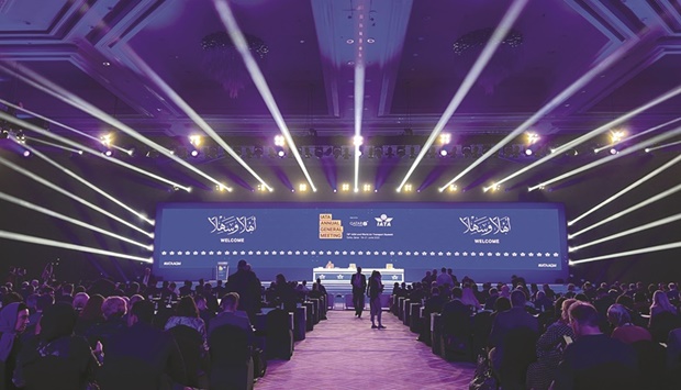 A general view shows the opening of the 78th global airline industry body International Air Transport Association (IATA) annual meeting in Doha. The IATA called for governments to adopt a long term aspirational goal to decarbonise aviation at the 41st Assembly of the International Civil Aviation Organisation (ICAO) later this year.