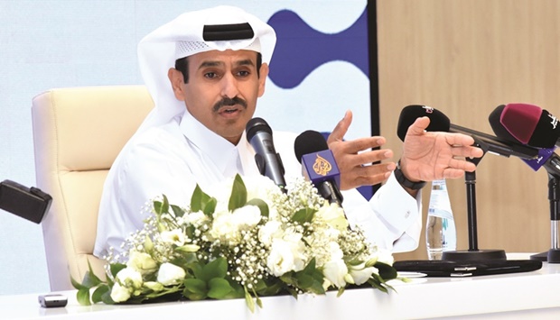 HE the Minister of State for Energy Saad bin Sherida al-Kaabi addressing a press conference at QatarEnergy on Monday. PICTURE: Thajudheen