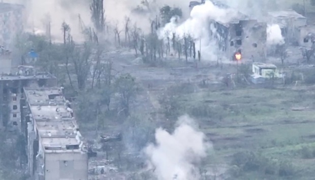 Drone footage shows an artillery strike amid military presence in Toshkivka, Luhansk region, Ukraine in this screengrab taken from a video released on June 19.