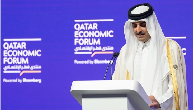 His Highness the Amir Sheikh Tamim bin Hamad Al-Thani delivers the opening speech at Qatar Economic Forum 2022.
