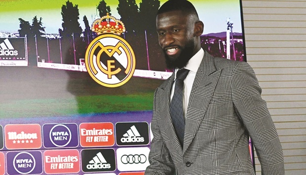 German defender Antonio Rudiger arrives to hold a press conference after joining Real Madrid yesterday. (AFP)