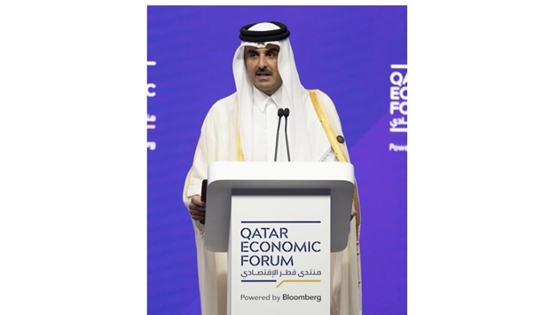 His Highness the Amir Sheikh Tamim bin Hamad al-Thani speaking at the Qatar Economic Forum, Powered by Bloomberg on Tuesday.