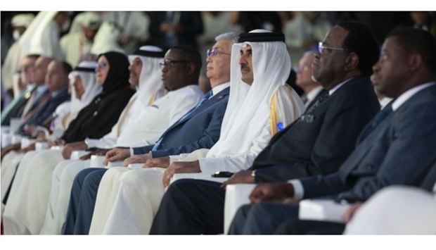 His Highness the Amir Sheikh Tamim bin Hamad al-Thani attending the Qatar Economic Forum, Powered by Bloomberg, with other dignitaries on Tuesday.