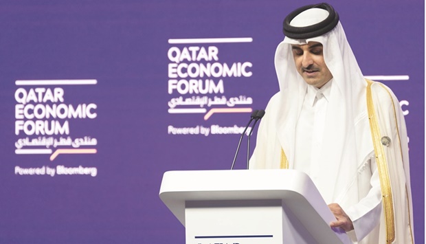 His Highness the Amir Sheikh Tamim bin Hamad al-Thani addressing the Second Qatar Economic Forum in Doha yesterday. 
