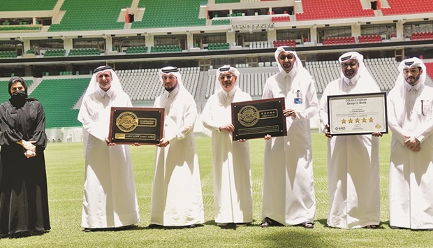 Officials display the certifications achieved by Al Thumama Stadium at the event on Thursday. PICTURE: Shaji Kayamkulam.