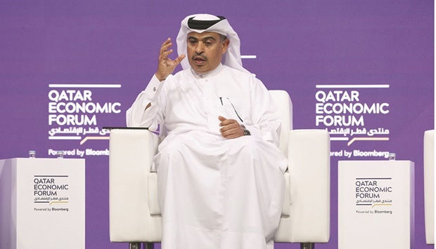 HE the Minister of Finance Ali bin Ahmed al-Kuwari speaks during a panel session at the Qatar Economic Forum (QEF) in Doha on Tuesday.