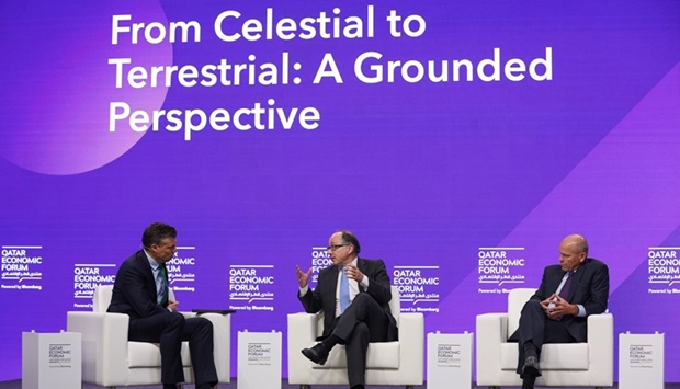 Guy Johnson, anchor at Bloomberg Television, left, Luis Gallego, chief executive officer of International Airlines Group, centre, and Dave Calhoun, chief executive officer of Boeing Co, during a panel session at the Qatar Economic Forum in Doha on Wednesday.