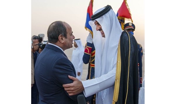 His Highness the Amir Sheikh Tamim bin Hamad Al-Thani welcomed upon arrival to Cairo International Airport by Egyptian President Abdel Fattah al-Sisi.