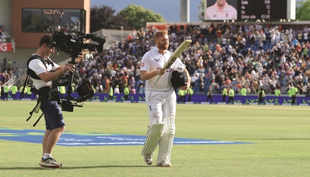 Englandu2019s Jonny Bairstow walks off at stumps during the second day of the third and final Test against New Zealand at Leeds yesterday. (Reuters)