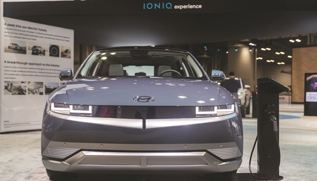 A Hyundai Ioniq 5 at the 2022 New York International Auto Show (NYIAS) in New York on April 14. Tesla still sells far more cars, but it took the company a decade to deliver as many electric vehicles as Hyundai and Kia have managed in a few short months.
