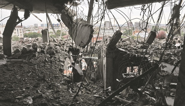 The aftermath of a shelling on an office building near the centre of Kharkiv, which hadnu2019t been shelled in weeks, yesterday. (Reuters)