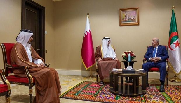 His Highness the Amir Sheikh Tamim bin Hamad al-Thani meets with Algerian President Abdelmadjid Tebboune