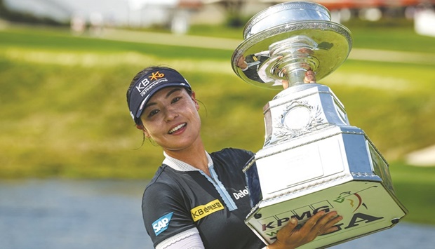 In-gee Chun holds the trophy after wining the KPMG Womenu2019s PGA Championship. (USA TODAY Sports)