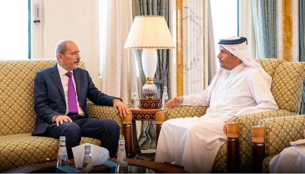 HE the Deputy Prime Minister and Minister of Foreign Affairs Sheikh Mohammed bin Abdulrahman Al-Thani meets with the Deputy Prime Minister and Minister of Foreign Affairs and Expatriates of Jordan Ayman Al Safadi.
