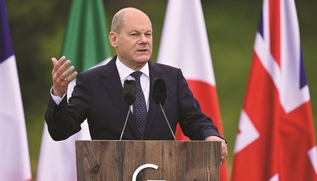 Germanyu2019s Chancellor Olaf Scholz gives a statement yesterday at Elmau Castle, southern Germany, at the end of the G7 Summit.