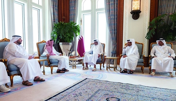 His Highness the Amir Sheikh Tamim bin Hamad al-Thani meets with the visiting UAE National Security Adviser Sheikh Tahnoun bin Zayed al-Nahyan and the accompanying delegation