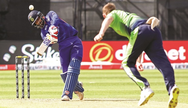 Indiau2019s Deepak Hooda plays a shot during the second Twenty20I against Ireland at Malahide Cricket Club in Dublin yesterday. (AFP)