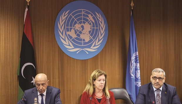 (From left) Speaker of Libyan House of Representatives (HoR) Aguila Saleh, United Nations Special Adviser on Libya Stephanie Williams and President of Libyau2019s High State Council of State (HSC) Khaled al-Mishri give a press conference after a high-level meeting on Libya Constitutional track at the United Nations in Geneva, yesterday.