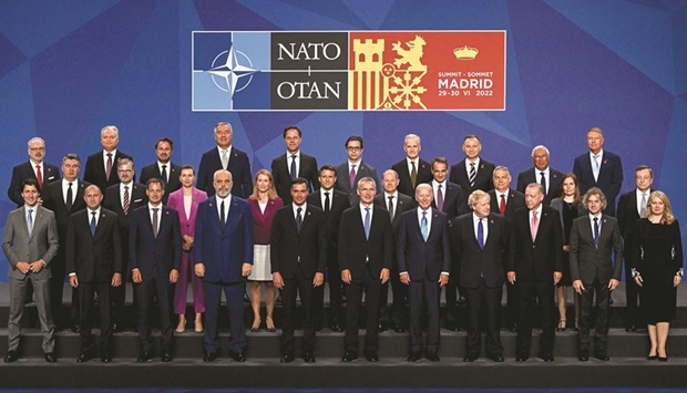 Heads of State and Government pose for the official group photo during the Nato summit at the Ifema Congress Centre in Madrid yesterday. (AFP)