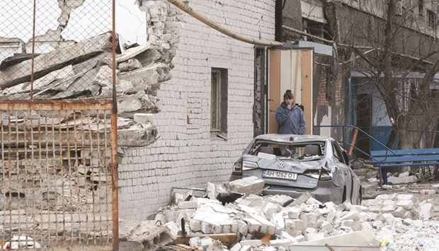 An apartment building damaged during Ukraine-Russia conflict in the southern port city of Mariupol.