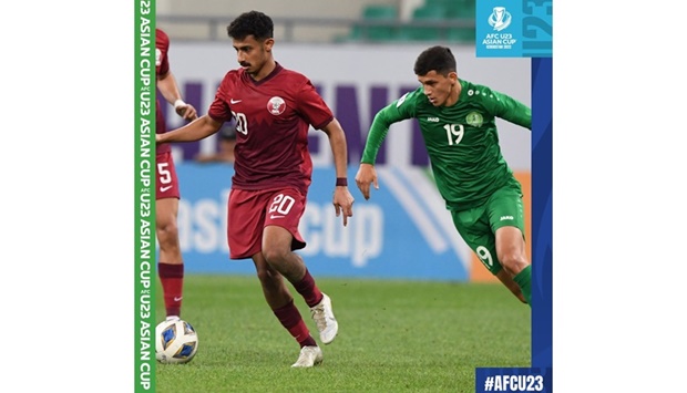 Qatar and Turkmenistan players vying for the ball during their AFC U23 Asian Cup match at the Bunyodkar Stadium in Tashkent, Uzbekistan, on Tuesday.