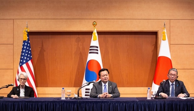 US Deputy Secretary of State Wendy Sherman, South Korea's First Vice Foreign Minister Cho Hyun-dong and Japan's Vice Minister for Foreign Affairs Takeo Mori attend a joint news conference at the Foreign Ministry in Seoul. Jean Heon-Kyun/Pool via REUTERS