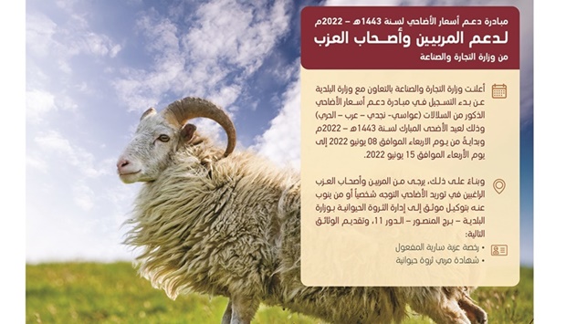 The Ministry of Commerce and Industry (MoCI) has announced, in co-operation with the Ministry of Municipality, the beginning of registration for the subsidised sheep prices initiative in preparation for the upcoming Eid al-Adha.