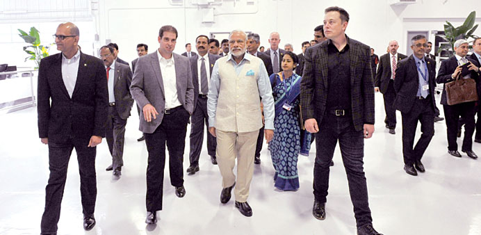 Prime Minister Narendra Modi is seen with Tesla Motors CEO Elon Musk during a tour of the companyu2019s plant in San Jose, California.