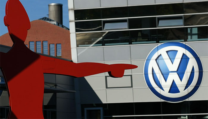 The logo of Volkswagen is seen at the entrance to a VW branch in Duesseldorf, western Germany. AFP