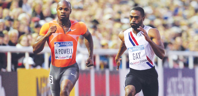 A file picture of Tyson Gay, (R), of the USA, competing against Asafa Powell, of Jamaica, at the DN-Galan track and field meeting in Stockholm in 2009
