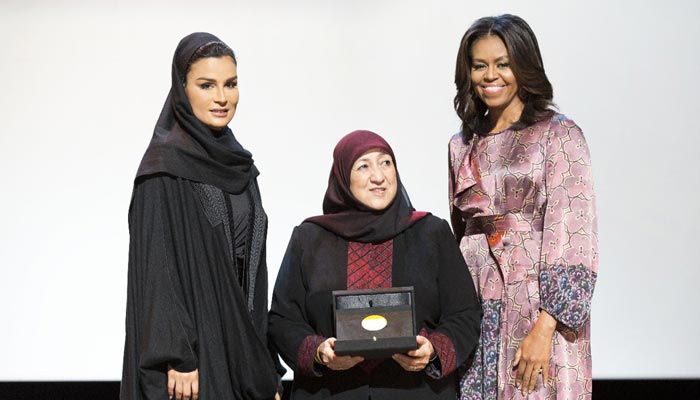 HH Sheikha Moza bint Nasser and US First Lady Michelle Obama with the recipient of the 2015 WISE Award for Education Dr Sakena Yacoobi.