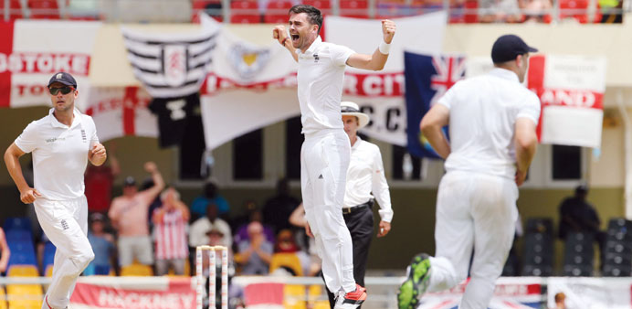 Englandu2019s James Anderson celebrates after taking the wicket of West Indiesu2019 Marlon Samuels in Antigua yesterday. (Reuters)