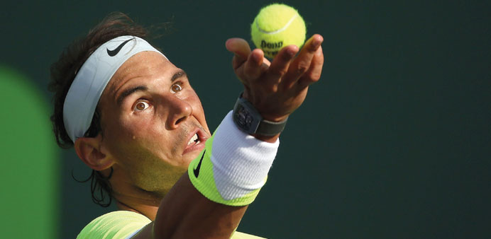 Rafael Nadal of Spain in action against Nicolas Almagro of Spain during Day 5 of the Miami Open in Key Biscayne, Florida. (AFP)