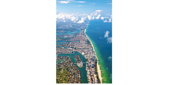 An aerial view of the Miami coastline.