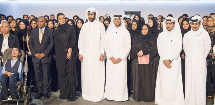 HH Sheikha Moza bint Nasser with graduates of Carnegie Mellon University in Qatar during the 10th anniversary celebrations yesterday. PICTURES: AR al-