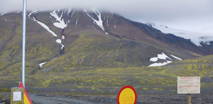 Warning signs block the road to Bardarbunga volcano in the north-west region of the Vatnajokull glacier.