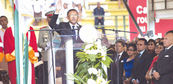 Rajaonarimampianina is sworn in during the inaugural ceremony for his presidency at the Mahamasina Stadium in Antananarivo.