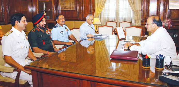Defence Minister Arun Jaitley meets naval chief Admiral R K Dhowan, army chief General Bikram Singh, and Chief of Air Staff Air Chief Marshal Arup Rah